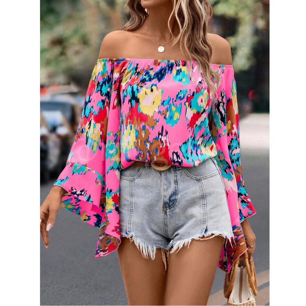 Pink Off Shoulder Abstract Print Flared Sleeve Shirt Top - Picture 3 of 8